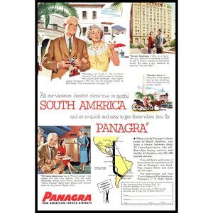 1953 Panagra Pan Am Grace Airlines Vintage Print Ad Lima Santiago Wall Art